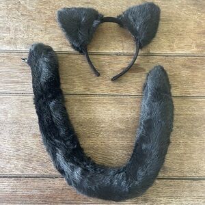 Furry Cat Ear Headband and Tail Set - Black